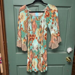 Bohemian Print Dress with Ruffle Sleeves